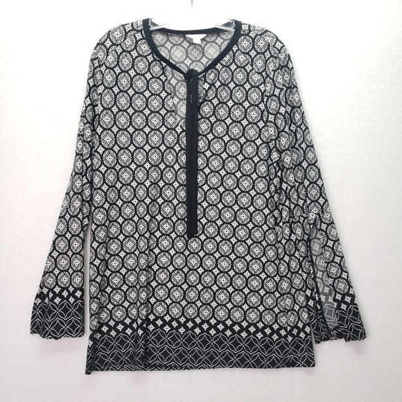 CATO Tunic Women's Large Black White Geometric Print Long Sleeve Tunic Tie Neck - Picture 1 of 9